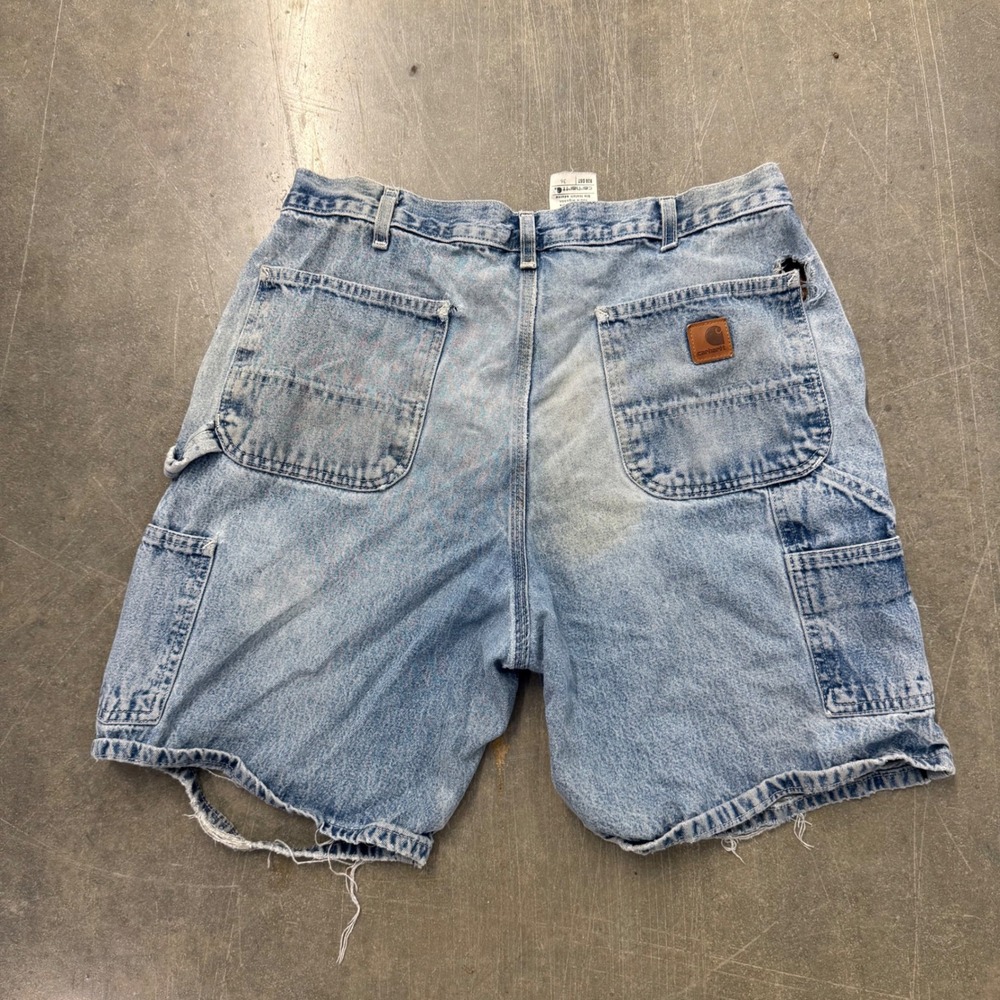 Carhartt B28 DST Mens Light Wash Denim Carpenter Shorts Distressed Cutoff 36